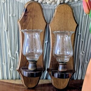 Vintage Rustic Wood Wall Sconces with Etched Glass Chimneys - Set of 2